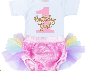 Geburtstag Mädchen Outfit 1 Jahr alt, Rosa und Gold Geburtstag Outfit, First Rainbow Birthday Outfit, Pastel Regenbogen Tutu Set