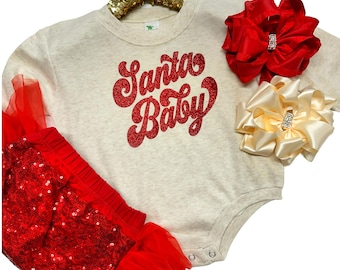 Santa Baby Bubble Romper, Retro Christmas Baby Outfit, Holiday Baby Clothes, Red Sequin Bummies, Infant Girl's Christmas Outfit