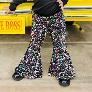 Black Sequin Bell Bottom Pants for Girls, Sparkly Toddler and Kids Bell Bottoms, Boho Glitter Flare Pants