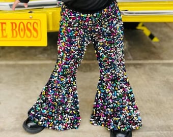 Black Sequin Bell Bottom Pants for Girls, Sparkly Toddler and Kids Bell Bottoms, Boho Glitter Flare Pants