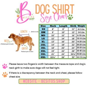 May include: A dog shirt size chart featuring a golden dog illustration with neck, length, and girth labels. A table lists sizes XS to 6XL with measurements in inches and pounds. Text includes instructions for measuring and the website address BESITOS.SHOP.