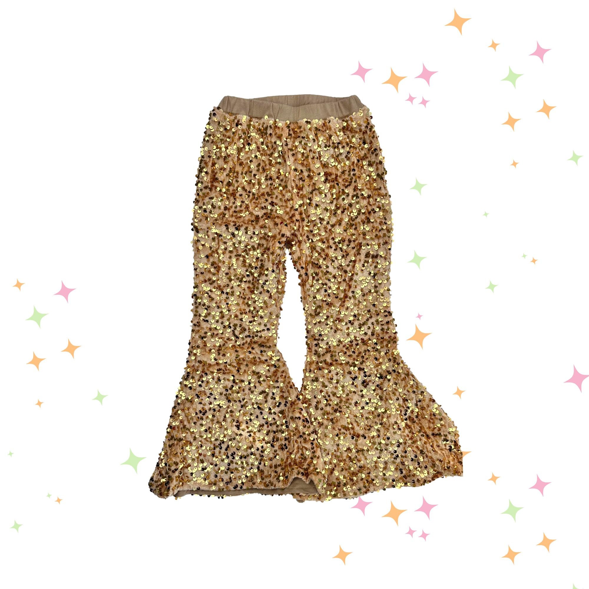 Gold Sequin Bell Bottom Pants for Girls, Sparkly Thanksgiving and Holiday Outfit, Toddler and Kids Bell Bottoms, Boho Glitter Flare Pants