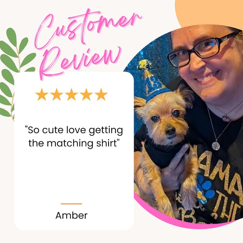 May include: A small tan dog wearing a blue and gold glittery party hat and a black bandana. The dog is held by a person wearing a black shirt with gold lettering and a blue paw print graphic. The image includes a five-star rating and text.