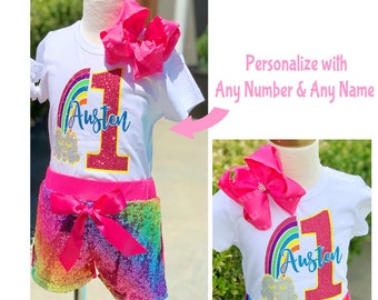 Erster Geburtstag Regenbogen Outfit, 1. Geburtstag Personalisiertes Outfit Mädchen, Buntes Geburtstags Outfit