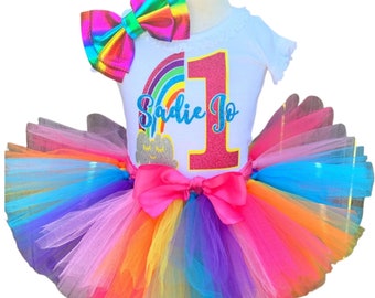 Rainbow Shirt and Tutu with Handmade Hair Bow Birthday Set