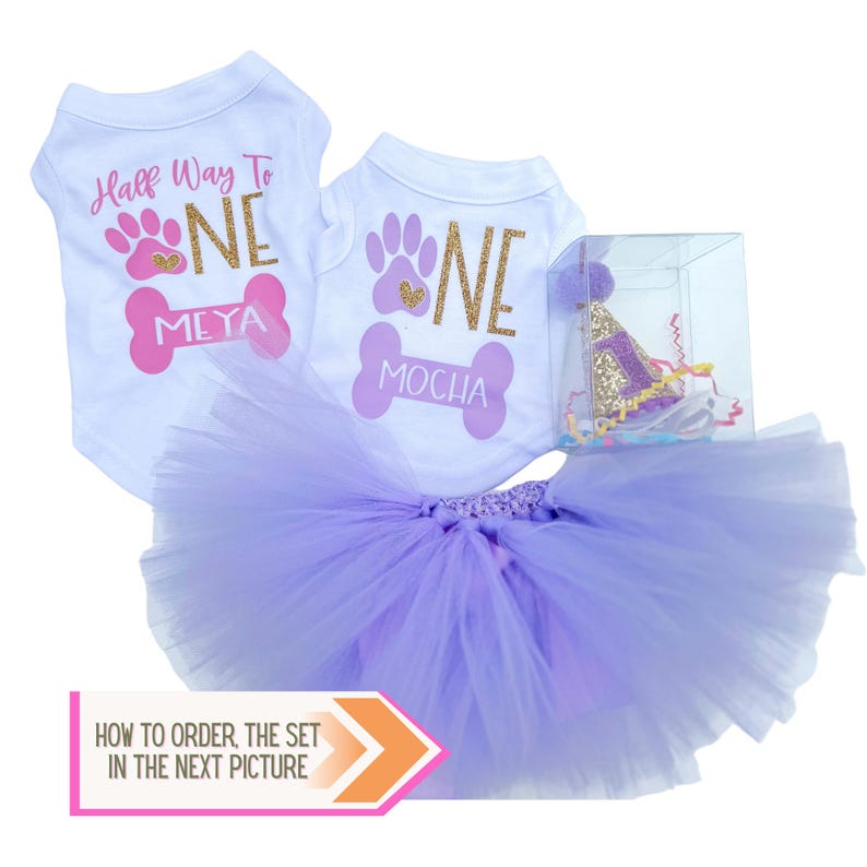 May include: Two white pet shirts with purple and gold glitter graphics reading Half Way To ONE MEYA and ONE MOCHA, a lavender tulle tutu, and a clear box containing a gold glitter party hat with the number one and a purple pom-pom topper.