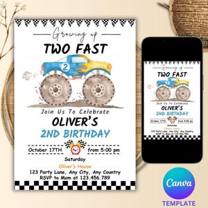 Könnte beinhalten: Eine Geburtstagseinladung mit einer blau-gelben Monster-Truck-Illustration und dem Text "Growing up TWO FAST". Die Einladung ist für Olivers 2. Geburtstag, mit Datum, Uhrzeit und Ort. Ein Mobiltelefon zeigt das gleiche Design.