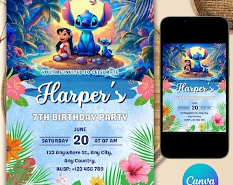 Editable Stitch Birthday Invitation ,Pink Printable Stitch Party Invite, Instant Download Digital Invitation Canva Template for Kids & Girl