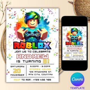 Roblox Invitation, Roblox Invite, Game Party, Game Birthday, Roblox Boy Birthday Invitation Template,  Kids Roblox, Editable Template, Canva