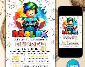 Roblox Birthday Invitation, Game Party, Editable Canva Template (Digital Download)