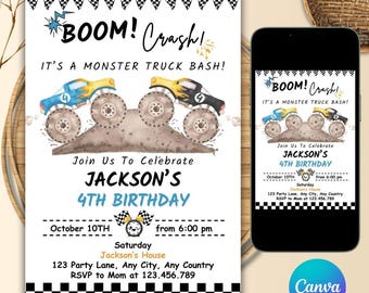 Monster Truck Birthday Invitation: Watercolor Boom Crash Party (Digital Download)