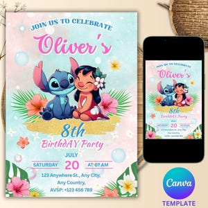 Editable Stitch Invitation, Stitch Birthday Invite, Custom Printable Stitch Party Invite Template, Digital Stitch Birthday Girl Canva Edit