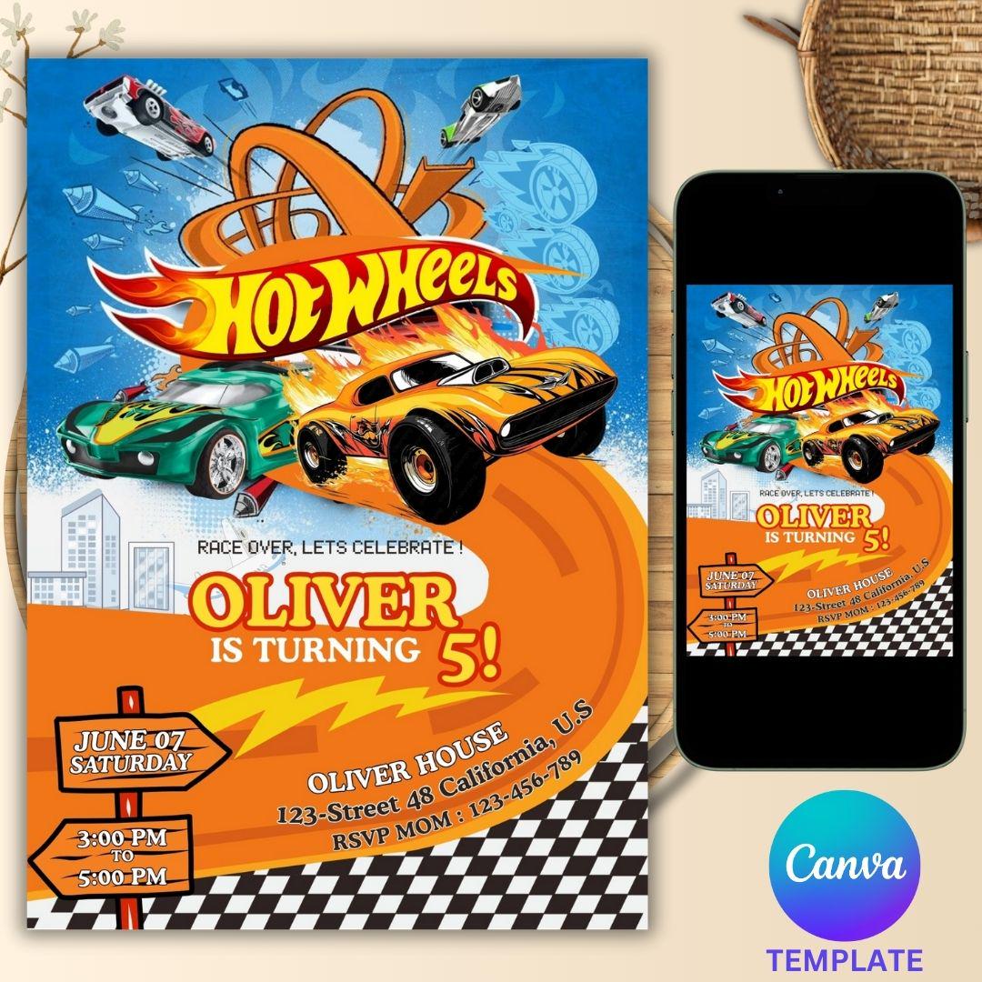 Editable Hot Wheels Birthday Party Invitation, Hot Racing Cars Birthday Invite, Hot Wheels Race Car Birthday Party Template, Canva Editable