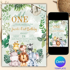 Puede incluir: Una invitación verde y azul para un primer cumpleaños con el texto "Wild One" y "Jacob's First Birthday". La invitación presenta una ilustración de acuarela de animales de la selva, incluyendo una jirafa, un mono, una cebra, un hipopótamo, un león y un elefante. La invitación también incluye la fecha, la hora y la ubicación de la fiesta.