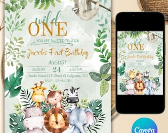 Safari First Birthday Evite, Jungle First Birthday Evite, Jungle Animals Party, Wild One Birthday, 1st Birthday Digital Invite.