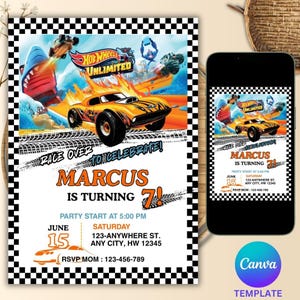 Bearbeitbare Hot Wheels-Geburtstagsfeier-Einladung, heiße Rennwagen-Geburtstags-Einladung, Hot Wheels-Rennwagen-Geburtstagsfeier-Vorlage, Canva bearbeitbar