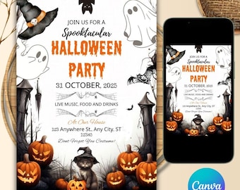 May include: Halloween party invitation with orange text and illustrations of pumpkins, bats, and ghosts. The invitation includes the date, location, and the phrase "Don't Forget Your Costume!" A smartphone displays the same design.