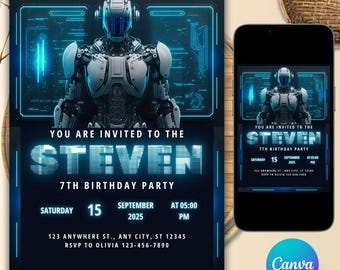Robot Birthday Invitation, Gaming Birthday Invite, Birthday Invite, Robot Birthday Invite, Robot Party Invitation