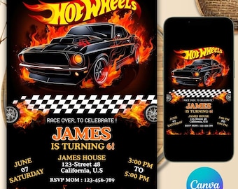 Editable Hot Wheela Birthday Party Invitation, Hot Racing Cars Birthday Invite, Hot Wheela Race Car Birthday Party Template, Canva Editable