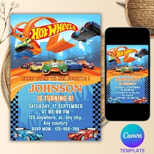 Bearbeitbare Hot Wheels-Geburtstagsfeier-Einladung, heiße Rennwagen-Geburtstags-Einladung, Hot Wheels-Rennwagen-Geburtstagsfeier-Vorlage, Canva bearbeitbar