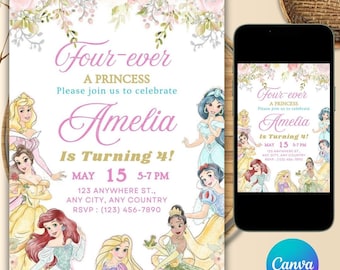 Four Ever A Princess Birthday Invitation Fourever A Princess Invitation 4th Birthday Invite Princess Party Royal Theme Watercolor EDITABLE
