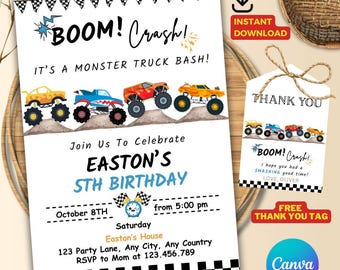 Monster Truck Birthday Invitation: Watercolor Boom Crash Party Template (Digital Download)