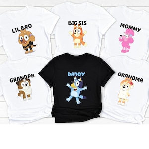 Custom Bluey Matching T-Shirt, Custom Bluey and Bingo T-shirt, Bluey Cartoon Shirt, Bluey Mom Dad T-shirt, Matching Family T-shirt