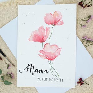 Dankeskarte für Mama | Aquarellkarte mit Mohnblumen & Handlettering | Muttertagskarte, Grußkarte | handgemalt A5 mit Umschlag