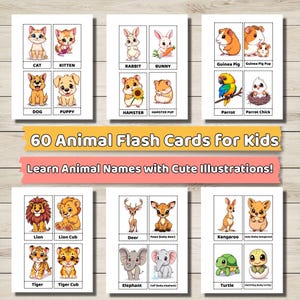 Animal Flash Cards for Kids – 60 Printable Cute Animals with Names | Toddler Learning Cards | Preschool Vocabulary & Language Activity