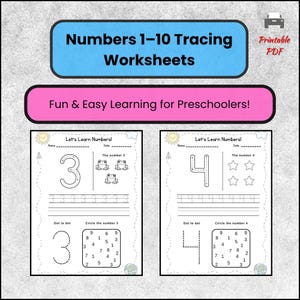 Op de afbeelding: Twee afdrukbare werkbladen voor voorschools leren. De bovenste banner luidt "Numbers 1-10 Tracing Worksheets" en "Fun & Easy Learning for Preschoolers!". De werkbladen bevatten het traceren van getallen, punt-naar-punt-activiteiten en oefeningen voor getalherkenning.