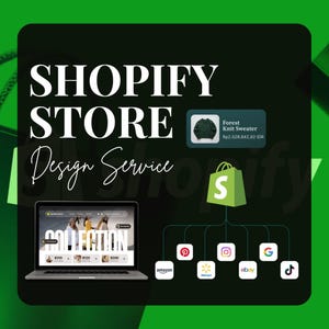Op de afbeelding: Een afbeelding die Shopify-winkelontwerpdiensten promoot. De afbeelding toont een laptop met een e-commerce collectie, een winkelmandje en pictogrammen voor verschillende verkoopplatformen. Tekst bevat "SHOPIFY STORE Design Service" en een "Forest Knit Sweater" product.