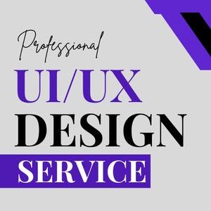 Könnte beinhalten: Grafikdesign mit dem Text "Professional UI/UX DESIGN SERVICE". Die Wörter sind in einer modernen Schriftart auf einem hellgrauen Hintergrund mit lila und schwarzen geometrischen Formen.