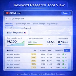 Keyword research dashboard showing search volume, keyword difficulty, CPC, and competition data used in SEO strategy, website SEO service, and SEO consultation, illustrating data-driven keyword research for WordPress SEO, Shopify SEO, Wix SEO, local SEO, and improving Google ranking through site optimization.