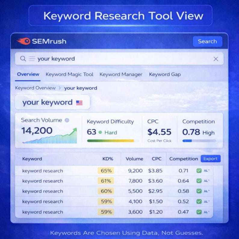 Keyword research dashboard showing search volume, keyword difficulty, CPC, and competition data used in SEO strategy, website SEO service, and SEO consultation, illustrating data-driven keyword research for WordPress SEO, Shopify SEO, Wix SEO, local SEO, and improving Google ranking through site optimization.