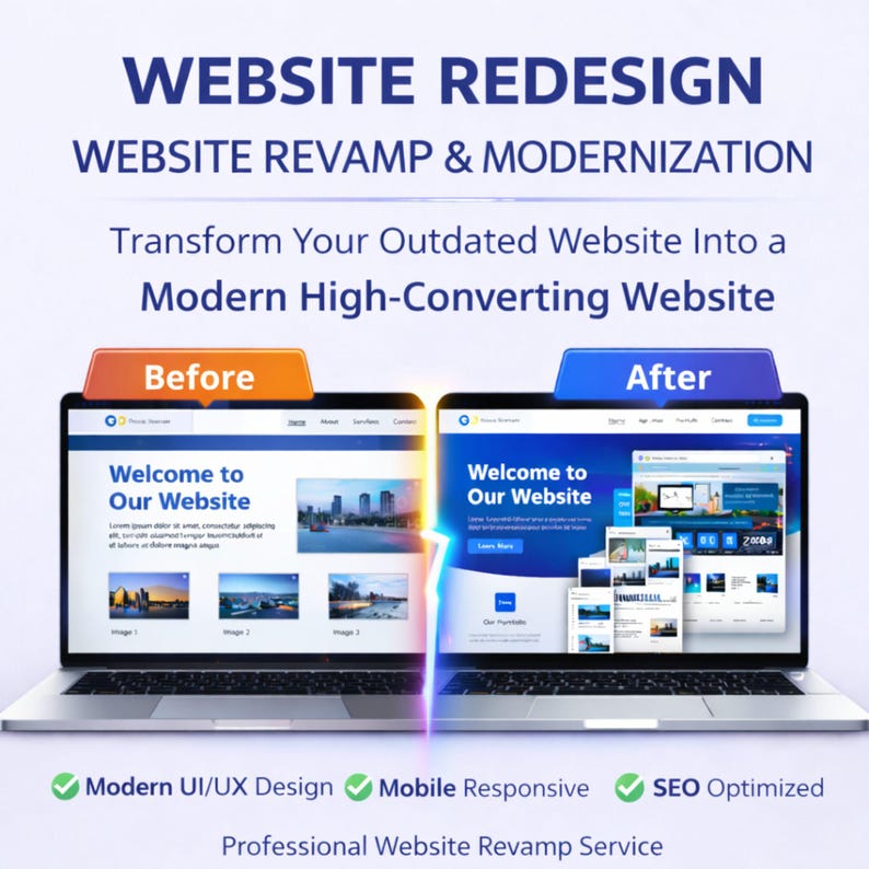 Website revamp service showing before and after redesign comparison of outdated and modern high converting website with improved UI UX, mobile responsive layout and SEO optimized structure.
website revamp, website redesign, website upgrade, ui ux design, modern website, mobile responsive, seo website, business website, website makeover, web design service, wordpress redesign, shopify redesign, website service