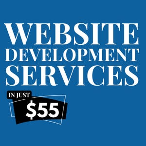 May include: A blue background with white text that reads "WEBSITE DEVELOPMENT SERVICES." Below, a black shape contains the text "IN JUST" and the number "£55" in white.