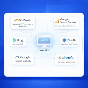Website SEO workflow diagram showing keyword research, competitor analysis, backlinks, and site optimization using SEO tools, representing complete SEO service, SEO consultation, technical SEO, and SEO strategy for WordPress, Shopify, Wix, and local SEO to improve Google ranking and visibility.