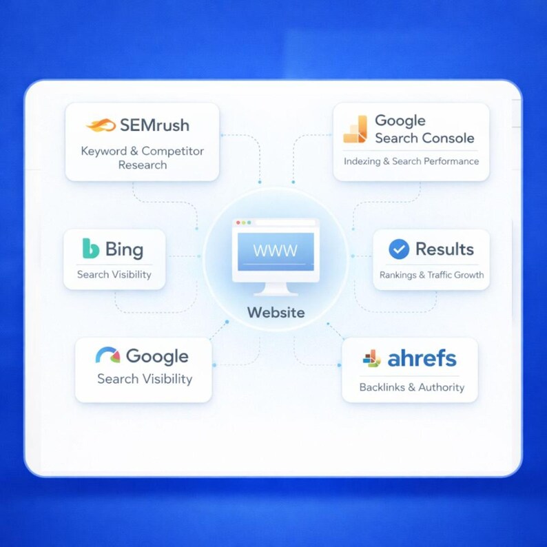 Website SEO workflow diagram showing keyword research, competitor analysis, backlinks, and site optimization using SEO tools, representing complete SEO service, SEO consultation, technical SEO, and SEO strategy for WordPress, Shopify, Wix, and local SEO to improve Google ranking and visibility.