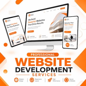 May include: A digital marketing display featuring a computer monitor, a tablet, and a smartphone showing website designs with orange and white color schemes. The text reads Professional Website Development Services, Digital Agency, and Smart Solutions.