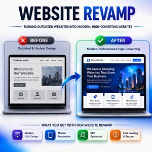 Website revamp service showing before and after redesign comparison of outdated and modern high converting website with improved UI UX, mobile responsive layout and SEO optimized structure.
website revamp, website redesign, website upgrade, ui ux design, modern website, mobile responsive, seo website, business website, website makeover, web design service, wordpress redesign, shopify redesign, website service