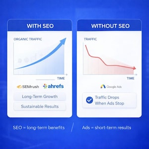 SEO versus Google Ads comparison showing organic traffic growth over time with SEO service using keyword research, on page SEO, and technical SEO, versus traffic drops without SEO when ads stop, highlighting long-term SEO strategy benefits for website SEO and Google ranking.