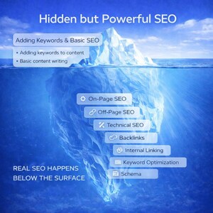 Hidden but powerful website SEO iceberg illustration showing basic SEO like adding keywords and content on the surface, with advanced on page SEO, technical SEO, internal linking, backlinks, schema, and keyword optimization below, representing professional SEO strategy, site optimization, and long-term Google ranking growth through SEO consultation and services.