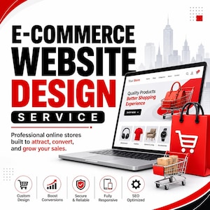Pode incluir: Um laptop exibindo um site de e-commerce com o texto E-COMMERCE WEBSITE DESIGN SERVICE. Uma sacola de compras vermelha e um carrinho de metal em miniatura com caixas estão ao lado, com ícones de serviços de design exibidos abaixo.