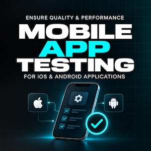 May include: A dark graphic featuring the text ENSURE QUALITY & PERFORMANCE MOBILE APP TESTING FOR IOS & ANDROID APPLICATIONS. A smartphone displays a gear icon and a checklist, flanked by Apple and Android logos with a glowing blue checkmark.