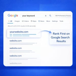 Google search results illustration showing a website ranking first through website SEO service, keyword research, on page SEO, technical SEO, and SEO strategy, demonstrating improved Google ranking, site optimization, and organic traffic growth for WordPress SEO, Shopify SEO, Wix SEO, and local SEO.
