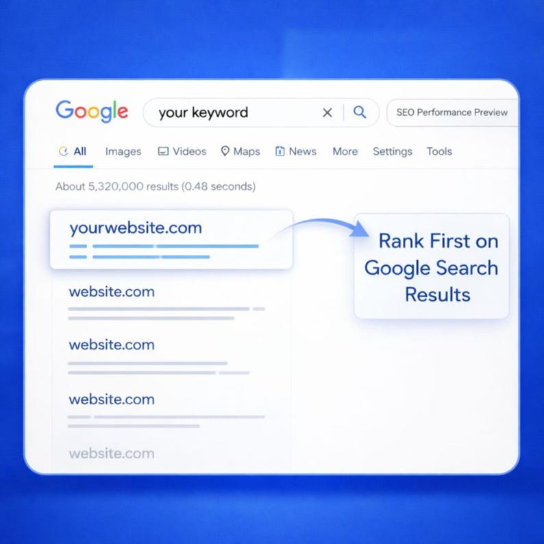Google search results illustration showing a website ranking first through website SEO service, keyword research, on page SEO, technical SEO, and SEO strategy, demonstrating improved Google ranking, site optimization, and organic traffic growth for WordPress SEO, Shopify SEO, Wix SEO, and local SEO.