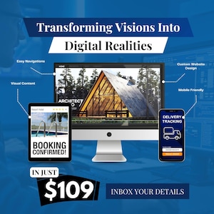 Op de afbeelding: Een advertentie voor digitale marketing met de tekst "Transforming Visions Into Digital Realities". De afbeelding toont een computermonitor, een tablet met "Booking Confirmed!" en een smartphone met "Delivery Tracking."