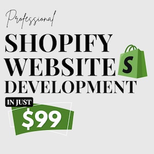Può includere: Immagine che promuove lo sviluppo di siti Web Shopify. Il testo recita "Sviluppo professionale di siti Web Shopify" in grassetto nero. Una borsa della spesa verde con una "S" è a destra. Un banner verde mostra "99 €" in bianco.