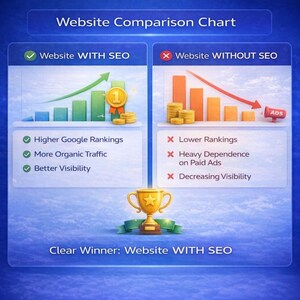 Website SEO comparison chart showing website with SEO versus without SEO, highlighting higher Google rankings, more organic traffic, and better visibility through SEO service, on page SEO, technical SEO, and keyword research, compared to low rankings and ad dependency without SEO strategy or site optimization.