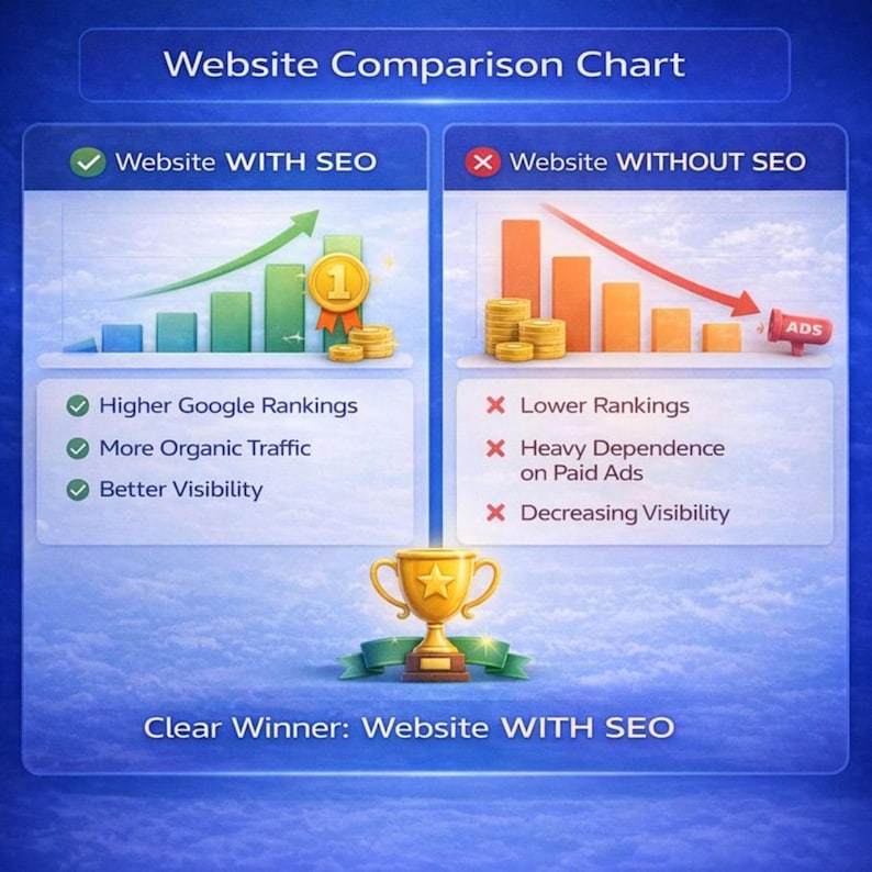 Website SEO comparison chart showing website with SEO versus without SEO, highlighting higher Google rankings, more organic traffic, and better visibility through SEO service, on page SEO, technical SEO, and keyword research, compared to low rankings and ad dependency without SEO strategy or site optimization.